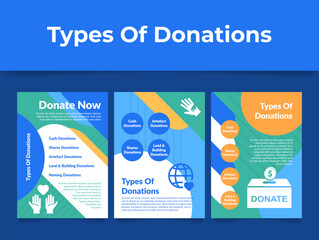 Types of donations promo poster set charity social support volunteer center fundraising event vector