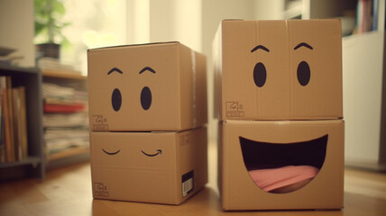 Obraz premium two moving boxes, cut out and painted as grinning, smiling faces, preparations for moving house