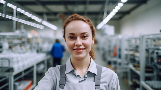 teenage girl or young adult woman wears shirt and overall or work apron with suspenders, red-brown hair color, works in modern factory or food industry, chemist or production and assembly line work