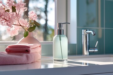 Soap dispenser, plant and spa towel on pastel bathroom window
