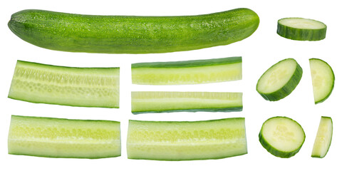 Long cucumbers isolated on white background. Many fresh cucumbers cut in different ways on a white...