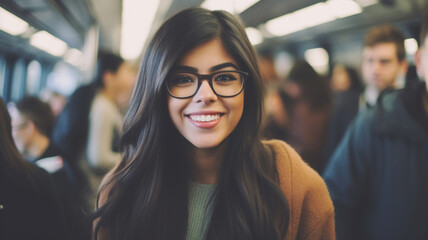 Teenage girl or young adult woman with long full dark hair, winter coat and thin sweater, glasses, friendly happy sympathetic smile, standing in a commuter train