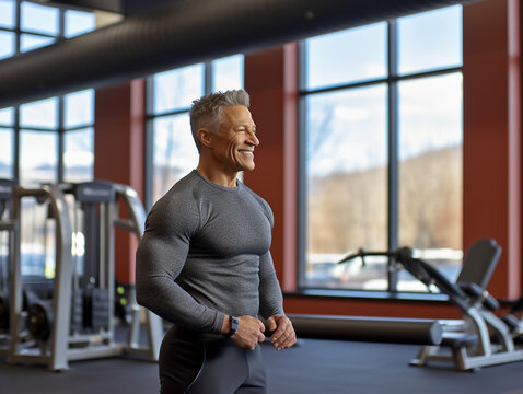 A middle-aged and senior silver-haired man in the gym, symbolizing health, vitality, and maintaining youthfulness