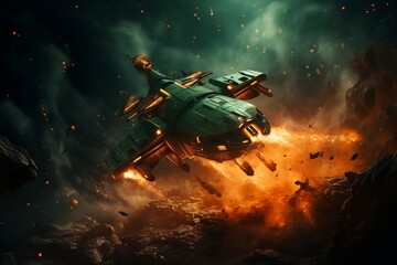 Spaceship Sailing Through Emerald Blaze in Space: Digital Artwork. AI
