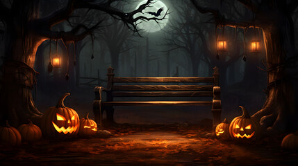 A spooky forest sunset with a haunted glowing pumpkin, halloween