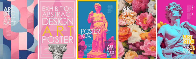 Exhibition, abstract art and antiquity. Vector modern illustrations of abstract shapes, ancient greek column, peonies pattern, goddess sculpture and god bust for background, flyer or poster - obrazy, fototapety, plakaty