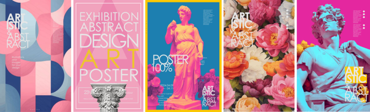 Exhibition, abstract art and antiquity. Vector modern illustrations of abstract shapes, ancient greek column, peonies pattern, goddess sculpture and god bust for background, flyer or poster