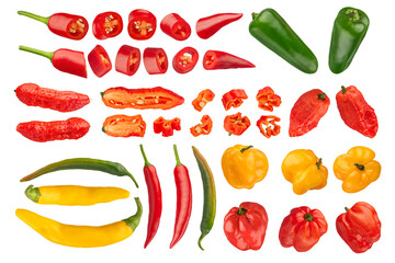 Flying pepper. Set of slices of different sizes of fresh different peppers on a white isolated background. Different parts of habanero peppers, jalapenos and chili peppers on a white background.