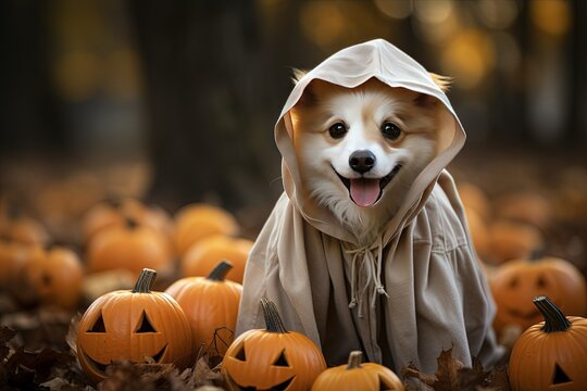 dog with jack o lantern in halloween