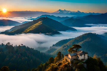 Panoramic landscape of great Himalayas mountain range during an autumn morning AI Generated