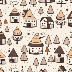 Seamless pattern with cute hand drawn houses. Vector illustration.