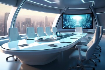 An advanced meeting space furnished with state-of-the-art technology for dynamic business presentations and seamless video conferencing. AI
