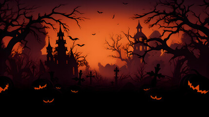 Halloween City panorama in halloween style. Scary hallowen witch, bats, picture, sunset