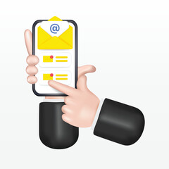 Hand holding mobile smart phone with e-mail reading open app. Successful completion of business tasks. 3D Web Vector Illustrations.