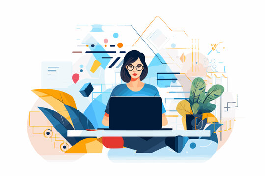 Flat illustration of a gorl working on laptop, office