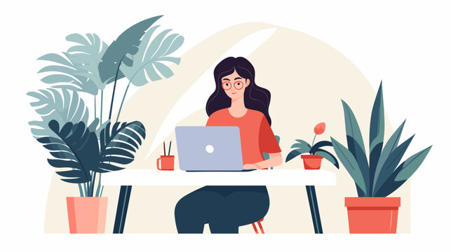 Flat illustration of a gorl working on laptop, office