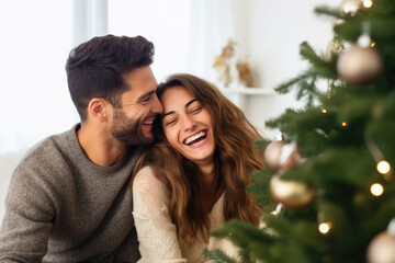 Closeup photo of adorable couple spending holly Christmas eve in decorated garland lights room near Chrismas tree sitting cosy sofa indoors