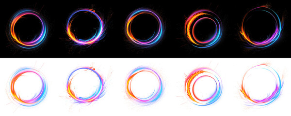 Vibrant neon lights, circle design elements, mesmerizing abstract with circles, curves, and glowing lines on black and transparent PNG.  abstract design with glowing circles. - 629308133