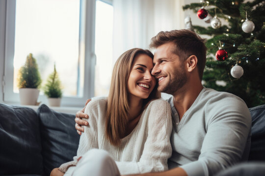 Closeup photo of adorable couple spending holly Christmas eve in decorated garland lights room near Chrismas tree sitting cosy sofa indoors