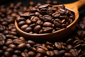 Fototapeta premium Coffee beans with wooden scoop on a rustic table