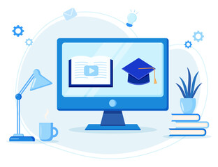 Online classes concept on monitor screen for e-learning course, webinar and online education on desktop, vector flat illustration