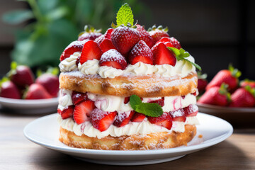 Sponge cake layered with cream and strawberries in a plate