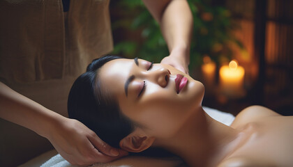 An Asian woman enjoying a head (scalp) massage at a spa - obrazy, fototapety, plakaty