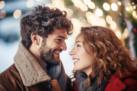 Closeup photo of cute couple spending holly Christmas eve in decorated garland lights house near Chrismas tree outdoors