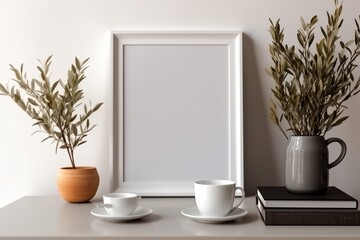 White square frame mockup in modern minimalist interior with plant in trendy vase on white wall background, Template for artwork