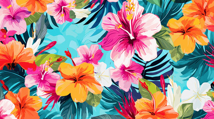 Fototapeta premium Retro aloha pattern with painted leaves and blossoms that exude a natural and exotic feel