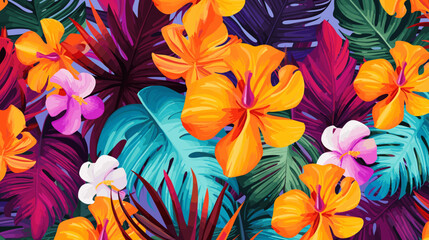 Obraz na płótnie Canvas Retro aloha pattern with painted leaves and blossoms that exude a natural and exotic feel