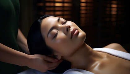 Obraz na płótnie Canvas An Asian woman enjoying a soothing head massage at a spa