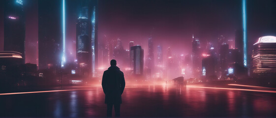 A wide angle shot of a man standing in front of a blurred cyberpunk city panorama with bright neon lights. Photorealistic illustration.	