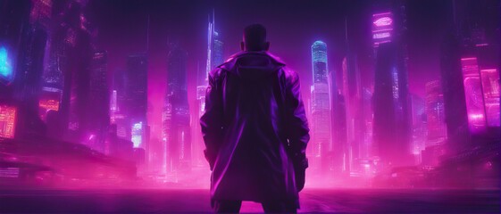 A wide angle shot of a man standing in front of a blurred cyberpunk city panorama with bright neon lights. Photorealistic illustration.	