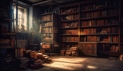 a vintage bookcase full of books and empty shelves - obrazy, fototapety, plakaty