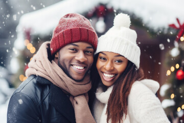 Fototapeta premium Closeup photo of cute couple spending holly Christmas eve in decorated garland lights house near Chrismas tree outdoors
