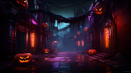 halloween with neon lights rtx landscape picture, sccary pumpkin,
