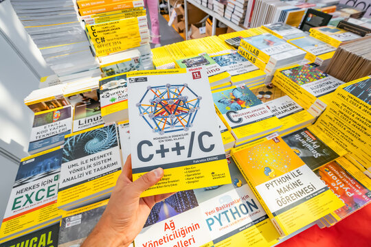 28 October 2022: Antalya, Turkey: Python and C plus plus and other coding and computer science books for school and students for sale at turkish store