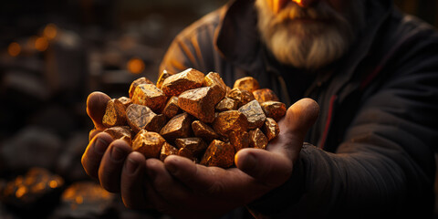 close up look of raw gold nuggets in a miners hands
