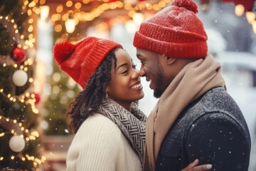 Closeup photo of cute couple spending holly Christmas eve in decorated garland lights house near Chrismas tree outdoors