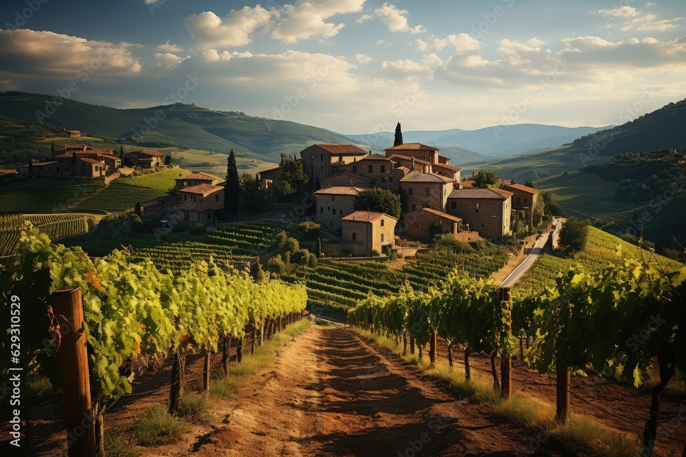 Wall mural Beautiful vineyard. Travel around Tuscany, Italy. Landscape of vineyards in the wine country of Tuscany, Italy at sunrise. The vineyards of Tuscany are home to Italy's most famous wines.