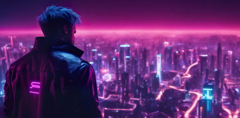 Wide-angle shot of a man in a futuristic jacket stands on top of a skyscraper on a blurred cyberpunk futuristic city panorama background with bright neon lights.