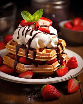 Generated photorealistic image of crispy Viennese waffles, ice cream and sweet strawberries