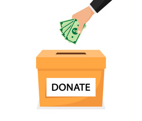Donation and charity. Hand puting money into donation box. Donate, volunteering and giving money. Vector illustration.