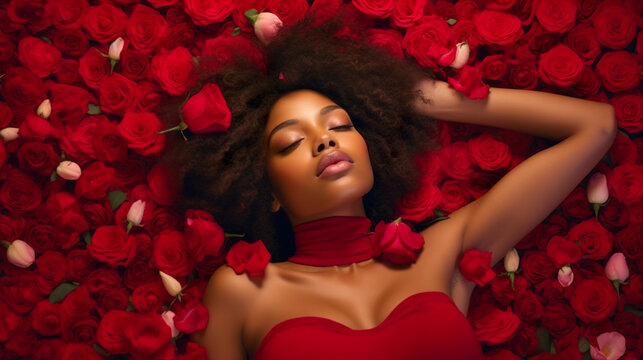 Beautiful young afro woman lies in red roses background