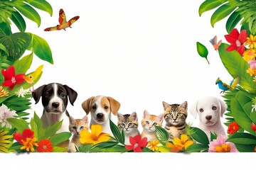 Children's greeting card template with cute cartoon kittens and puppies in flower frame isolated on white background