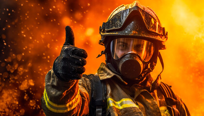 Firefighter in protective mask and gloves showing thumbs up on fire background