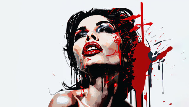 Passion Abstract Paint Splash Fashion Art Poster. Creative Glamor Fantasy Girl In Red Lipstick Splash.