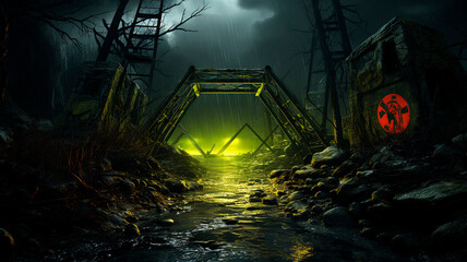 Radioactivity. Radioactive background. Abandoned industry and ruins. High quality illustration