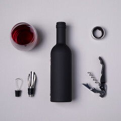 Luxury set of tools for winery. Corkscrew and accessories for wine with a botlle and glass. Wine bottle stoppers on grey background, flat lay.